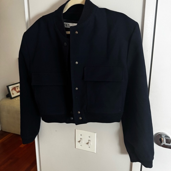 ZARA Padded Shoulder Bomber Jacket Women Crop Coat - Navy - Picture 4 of 5